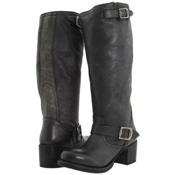 Frye Vera Slouch Grey Black Leather Block Heel Moto Knee High Tall Buckle Boot - Picture 3 of 13